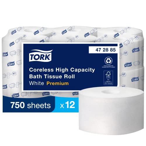 Ролка Тоалетна хартия с голям капацитет Tork без ядро Бял T7, Премии, 2 пласта, 12 x 750 Листа, 472885