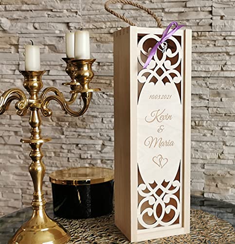 Кутия за вино с потребителски имена и датата на вашата сватба, дървен калъф за вино с надпис, персонализиран подарък за