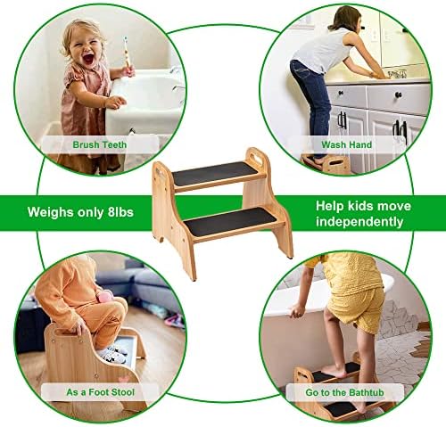 Дървени табуретки StrongTek за деца, 2-етап столче за баня с не-хлъзгава повърхност за стъпало, Преносимо столче
