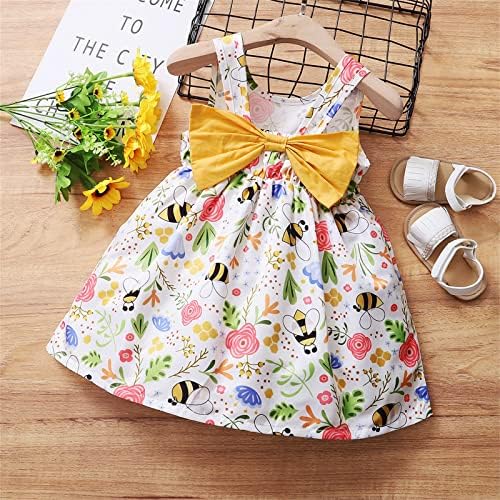 Xbgqasu/ Комплект дрехи от 2 теми за момичета, Плажна рокля с флорални принтом Пчелите за деца, Без Ръкави, с лък, Рокля