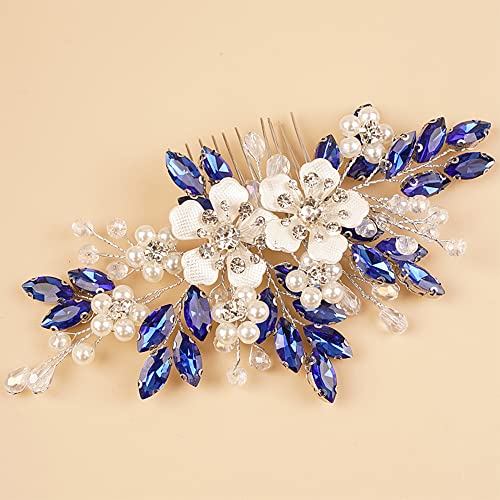 Гребен за коса с цветя Kercisbeauty за жени и момичета, сватбена прическа с декорация във формата на кристали (син)