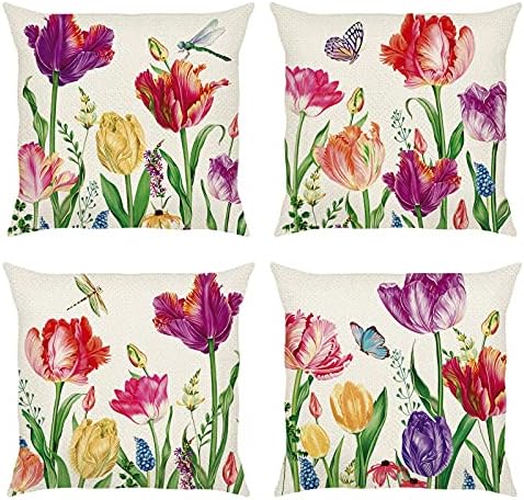 Bonhause Лале Пролетта Калъфки за възглавници с Цветен Модел 18x18 Инча Комплект от 4 Селска Градина Цветни
