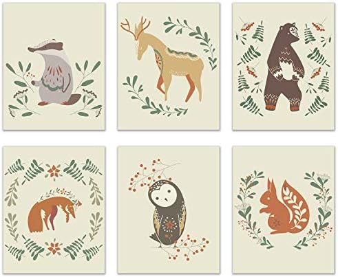 Щампи северните горски животни - Комплект от 6 (8x10 инча) Лъскав, Модерен, Скандинавски Декор за детска стая с природата