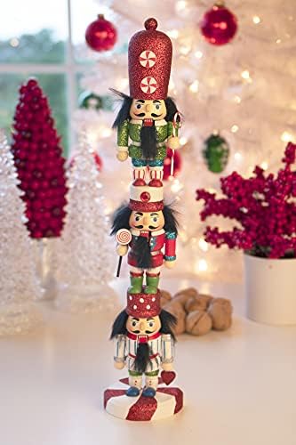 Традиционна дървена Лешникотрошачката Deli Creations Peppermint Stacked 15 Инча, Празнична Коледна украса за рафтове и маси