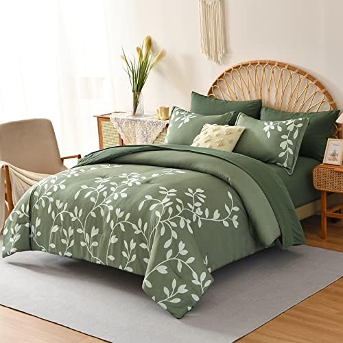 Стеганое одеяло METAHOT размер Queen Size, 7 Комплекти Стеганого одеяла с ботанически цветя на зелените простынях и Възглавници,
