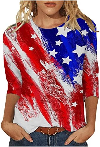 Тениска с изображение на Американското знаме и Звезда За момичета, Капаци, с Лодка деколте, Риза с 3/4 ръкав,