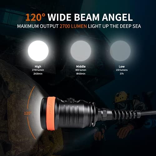 Видеосветка за гмуркане ORCATORCH D620V, Макс 2700 лумена, Внесени подводен фенер XHP70 LED с широк ъгъл на лъча на 120 °,