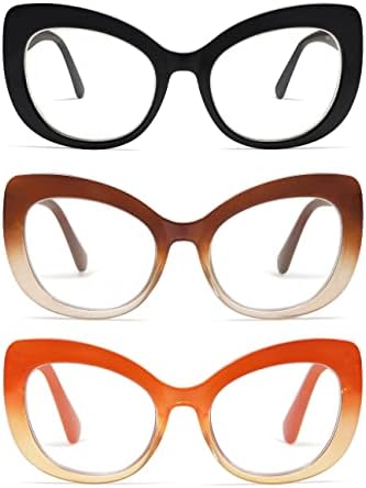 AMOMOMA 3 Опаковки Стилни Големи Очила за четене Котешко око за жени, Модни Очила за четене, Сини Леки Квадратни Компютърни