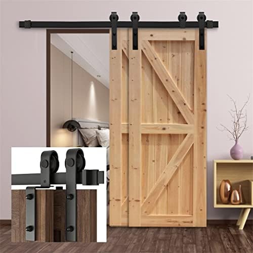 PDGJG Комплект обков за плъзгащи дървена двойна врата на плевнята, 4-9,6 подножието на черни ролки за Вътрешна