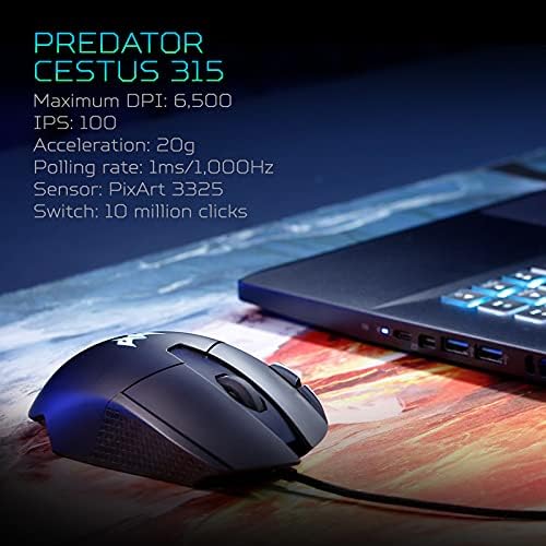 Детска мишка Acer Predator Cestus 315 с сензор PixArt, регулируема резолюция на инч и 8 бутони, включително