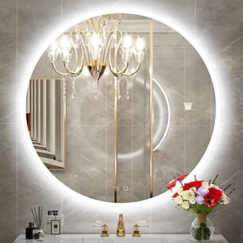 40-Инчов Led Кръгло Огледало FTOTI, Кръгло Огледало за баня с осветление, Стенно Огледало за тоалетка маса с подсветка,