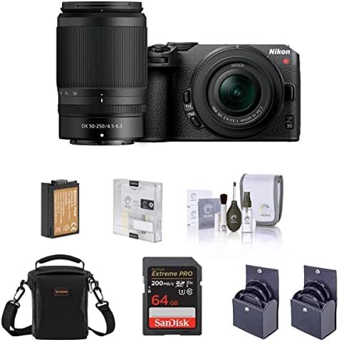Беззеркальная фотоапарат Nikon Z 30 с обектив 16-50 мм и 50-250 мм, Комплект с карта с памет SD с обем 64 GB, чанта,