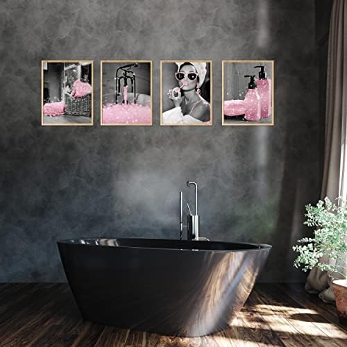 Модерен стенен декор за баня, Щампи, Комплект от 6 черно-бели, розови плакати върху платно с бляскав гланц, Снимки, Стенни рисунки