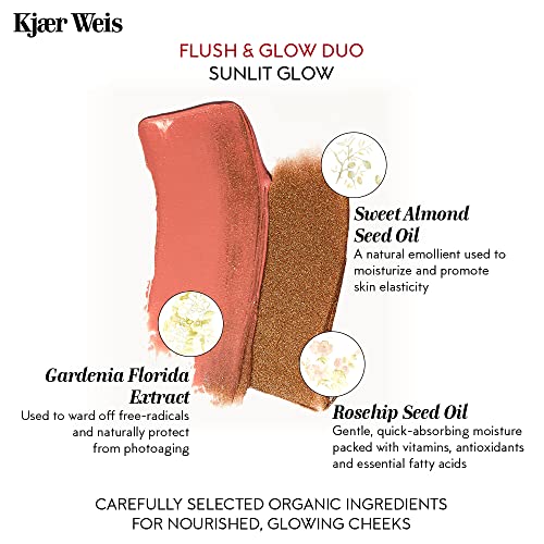 Kjaer Weis Flush & Glow Duo - палитра от пастелни руж и крем хайлайтера за грим. Наращиваемые кремав руж за