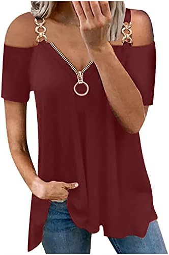 TIMIFIS Върхове с открити рамене за Жените, Летни Блузи с Къс Ръкав, Секси Тениска с цип с V-образно деколте, Обикновен
