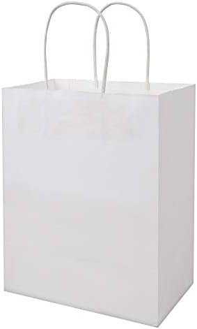 bagmad 50 Опаковки, Трайни Подаръчни Хартиени торби, средно бял цвят дръжки на Едро, изработка на пакети 8x4,75x10 инча, За покупки в магазини за хранителни стоки, Сувенири з