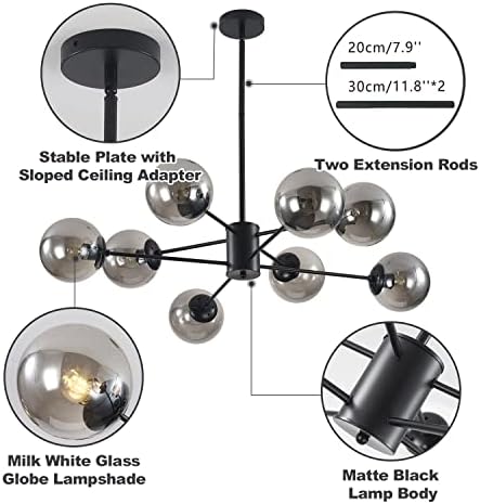 KCO Lighting Модерна Стъклена Топка Полилей Спътник 8-Light Black Chandelier Спътник Средата на века Окачен Лампа Промишлена