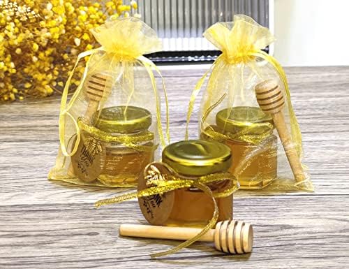 Ahhute от 40 Мини-Шестоъгълни стъклени бутилки за мед обем 1,5 мл - Малки буркани за мед с дървени черпаками, висулки във