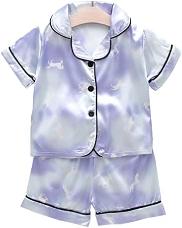 ACSUSS/ Пижами за бебета Момчета и Момичета, Копринен Сатен, Кратък Комплекта, Блузи и Панталони с копчета, Пижамная Домашно Облекло
