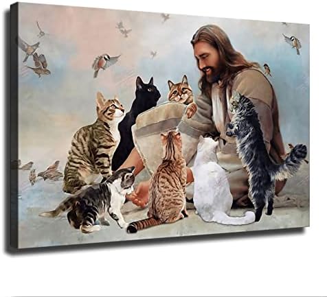 бог е заобиколена от котки, и на ангели, Исус Художествен Плакат Естетика стая Стенно Изкуство Платно Декор Начало