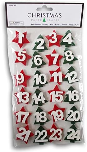 Коледни Пухкава стикери - Цифри в календара за Обратно отброяване на Адвент, Червени и Зелени Звезди - 3D-Лепило за празнични