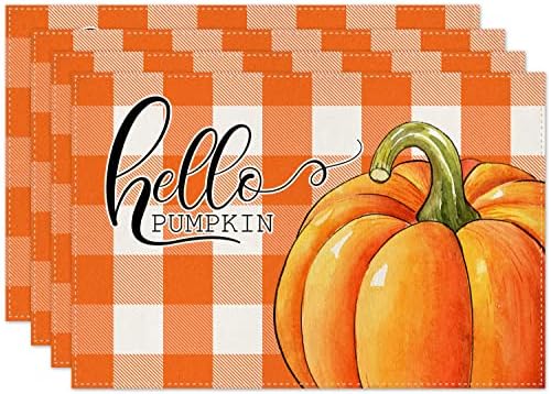 Есенни Оранжеви Тикви Салфетки за маса за Хранене, 12 x 18 Инча, Оранжево-бялата Клетка от Бъфало, Есен Сезонни Празнична