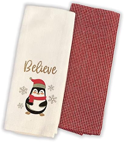 Ново кухненско кърпа Believe Penguin - Комплект от 2 Памучни кухненски гофрети кърпи, червено и кремаво на цвят (15 x 28)