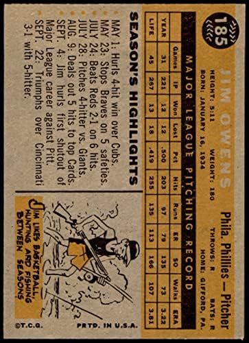 1960 Topps 185 Джим Оуенс Филаделфия Филис (Бейзболна картичка) EX/MT+ Филис