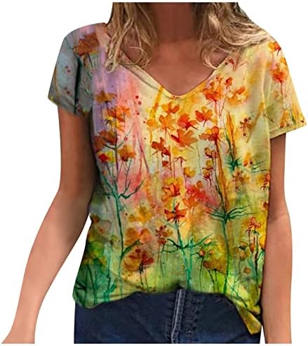 Блуза с Къс ръкав за Жени Лято Есен Дълбоко V Образно Деколте Градиент Пеперуда Графични Блузи, Тениски За Момичета