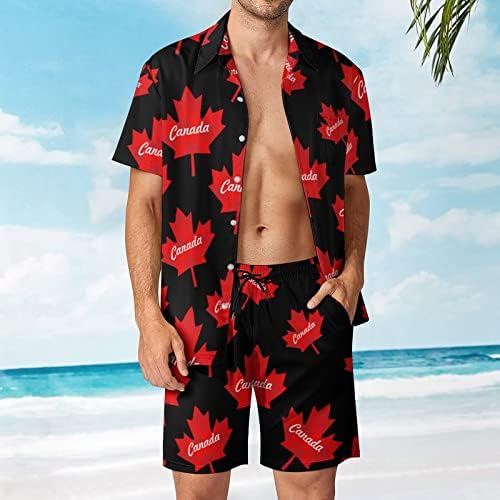Мъжки Плажни Дрехи, Fireworks Canada Maple Leaf от 2 теми, Хавайска Риза с копчета с Къс ръкав и къси Панталони,