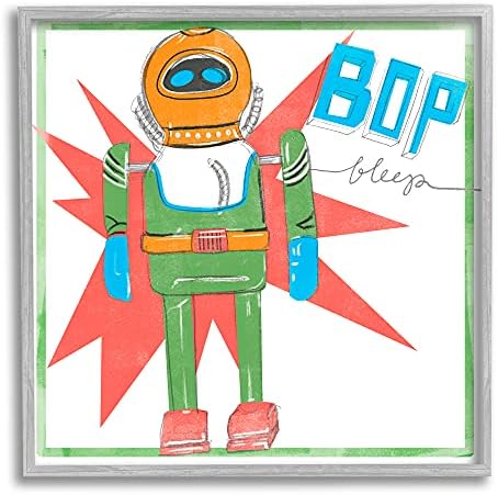 Ретро робот-играчка Stupell Industries с надпис Bop Bleep в стил ретро-поп, Дизайн Дженифър Пакстън Паркър, монтиран