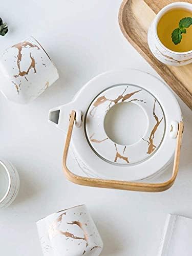 LIANXIAO - колекция от Керамични Чайници ръчна изработка, 6 бр., Японската Чаша за Саке, Чай Комплект, Мраморни Саксии с Дървени Подносами -Бяло (Цвят: Бял)