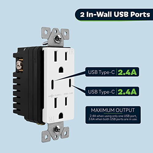 TOPGREENER 2-Портов стенни изход USB C, Защитена от неоторизиран достъп, Изход 15 Усилвател, Изход за зареждане с USB портове е в списъка на UL, TU21536A2C-2 ЕЛЕМЕНТА, Бял, 2 опаковки