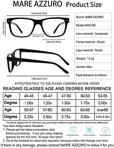 MARE AZZURO Очила За четене в Големи Рамки Мъжки Квадратни Ридеры 1,0 1,5 2,0 2,5 3,0 3,5 4,0 5,0 6,0