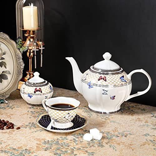 Чай Комплекти от британския порцелан fanquare от 21 обекта, 6 броя, Комплект Чаени чаши с папийонка и Лъжица, Жълто