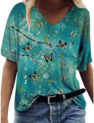 Тениска с V Образно Деколте Дамски Лятна Есенна С Къс Ръкав Мека Удобно Облекло Памучен Графична Блуза за Късна