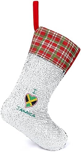 Аз Обичам Ямайски Коледни Чорапи с Лъскави Пайети, Коледна Празнична Камина Наметало, Окачен Декор за Парти