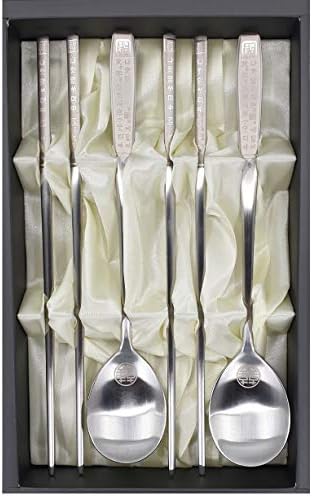 Корейската Лъжица за пръчици за хранене, 2 комплекта - МЕТАЛ, НЕРЪЖДАЕМА СТОМАНА -С принтом символи Хангыль (Хангыль-Сребрист)