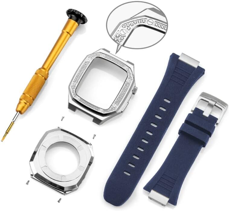 Комплект модификация каишка CNHKAU от неръждаема стомана за Apple Watch Band 8 7 41 мм 45 мм Силиконов каучук + метален калъф