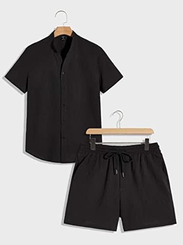 Мъжко облекло от две части NIBHZ, Мъжки Однотонная Риза с копчета и къси панталони с завязками на талията (Цвят: черен,