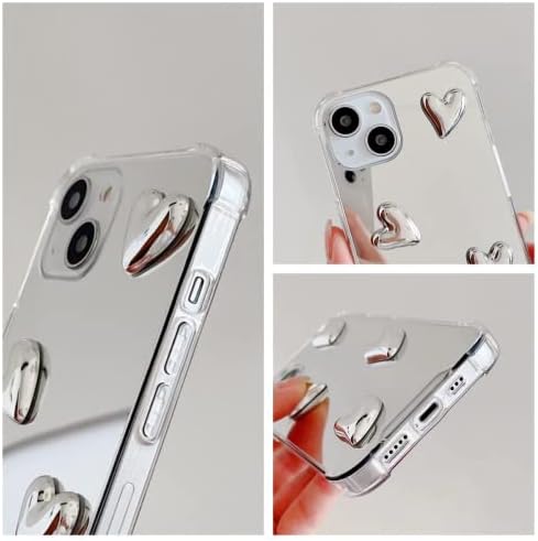 Finyosee е Съвместим с Калъф за телефон iPhone 13, Хубаво Огледало за грим с 3D Сребърно Сърце, Силикон устойчив