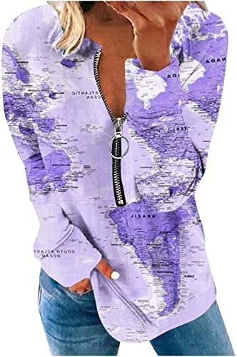 HOXINE Ризи с дълъг ръкав за Жени, Блузи с Цветни Блокчета, Блузи, Елегантни Всекидневни Пуловер с V-Образно деколте и цип на 1/2, Свободна Туника, Блуза