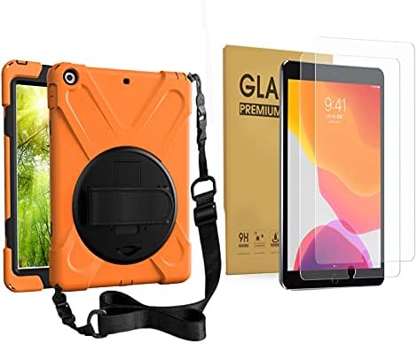 Комплект -Калъф за iPad 8-ви / 7-то поколение 10.2 със защитно фолио от закалено стъкло, стойка за ръце и пагон, оранжево