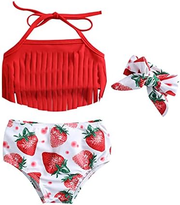 Бански костюм за деца, Годишният бански за момичета с лък, ягодов принтом и пискюли, бански костюми от три Части с превръзка на Главата, Комплекти, Бикини-Танкини (Че