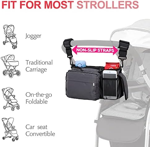 Универсален органайзер за детски колички Tydast с подстаканником, подвижен джоб с цип, регулируема пагон, Голям капацитет