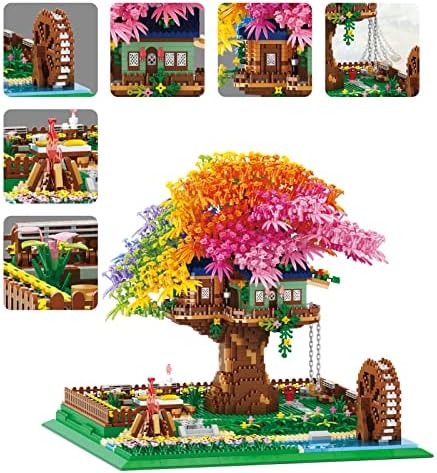 Градивен елемент на Kadablk Architecture Rainbow Flower с led подсветка, Къщичка на дърво Сакура с водно колело и люлки,