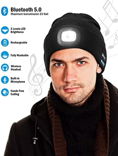 Bluetooth Шапчица-бини с подсветка, USB Акумулаторна Светодиодна Шапка със Слушалки, Музикална Шапчица-Бини с Осветени, Подаръци за мъже (Тъмно-Сиво)