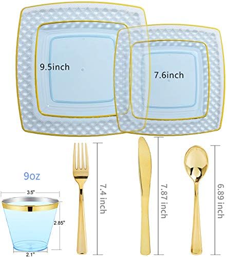 Nervure 150ШТ Сини Пластмасови чинии - Сини и златни чинии за Еднократна употреба Включва 25 места за хранене чинии 9,5 инча,