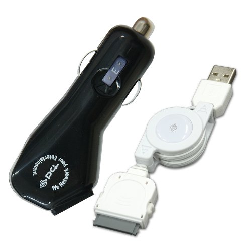 Зарядно устройство за цигари PLANEX PL-UC03IPOD2W, съвместимо с iPhone и iPod, USB-кабел за зареждане (бял)