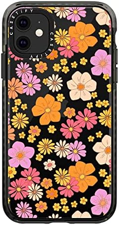 Удароустойчив калъф Casetify за iPhone 11 - Ретро цветя в стил бохо-хипи (Цветя модел на 60-70-те години на прозрачен фон) - Прозрачен черен
